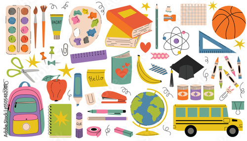 Playful cartoon style set of back to school elements featuring stationery, student hat, school bus, books, notes, and backpack. Art, craft and school supplies.