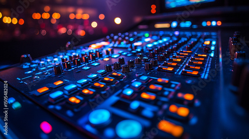 Close-up of professional audio mixing console with illuminated faders and knobs in a dark nightclub or concert hall.