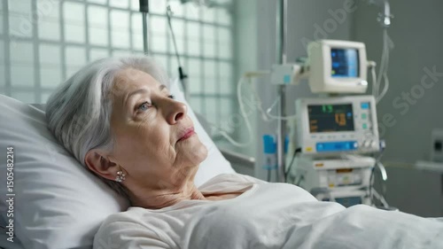 Elderly Woman Patient Resting in a Hospital Bed with Medical Equipment and Monitor