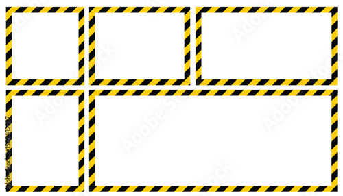 Set of warning police tape frames featuring bold yellow and black stripes. Classic flat design ideal for safety, crime scene, hazard, or construction themes in digital content.