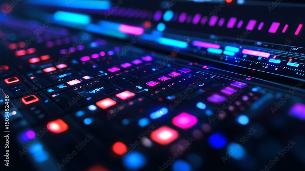 Close-up of vibrant, colorful audio mixing console with digital displays. Interactive touch screen interface with glowing buttons. Modern, high-tech studio equipment. Illuminated controls. Close-up of vibrant, colorful audio mixing console with digital displays. Interactive touch screen interface with glowing buttons. Modern, high-tech studio equipment. Illuminated controls.