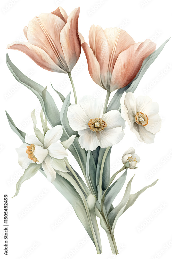 Obraz premium Watercolor floral bouquet with peach tulips white daffodil and small white flowers with green leaves isolated on transparent background
