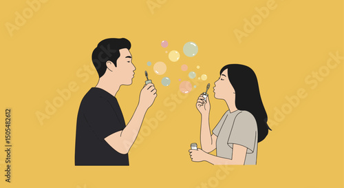 Two people blowing bubbles together on yellow background  