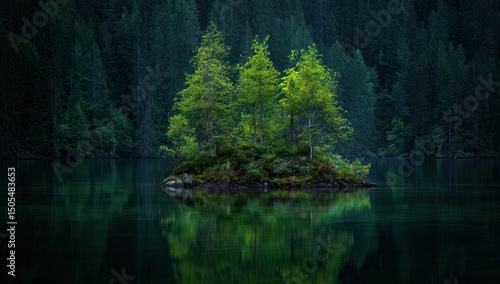 A small island with trees in a lake surrounded by a dark forest creating a peaceful scene
