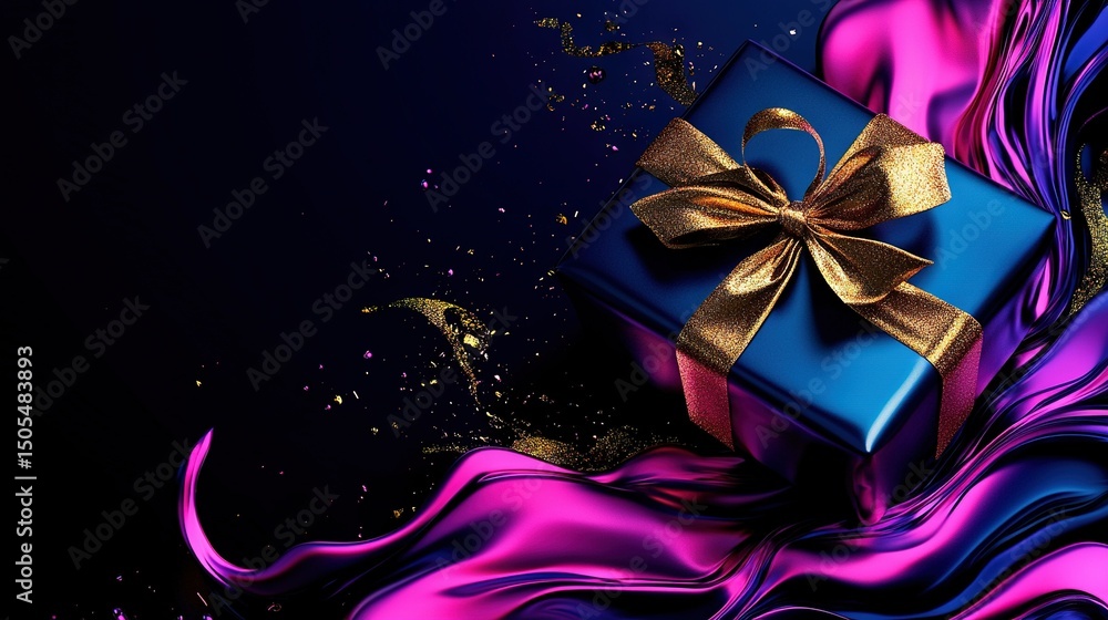 A box adorned in blue with a golden bow sits atop a liquid stream that flows between purple and pink, featuring streamer elements A box adorned in blue with a golden bow sits atop a liquid stream that flows between purple and pink, featuring streamer elements