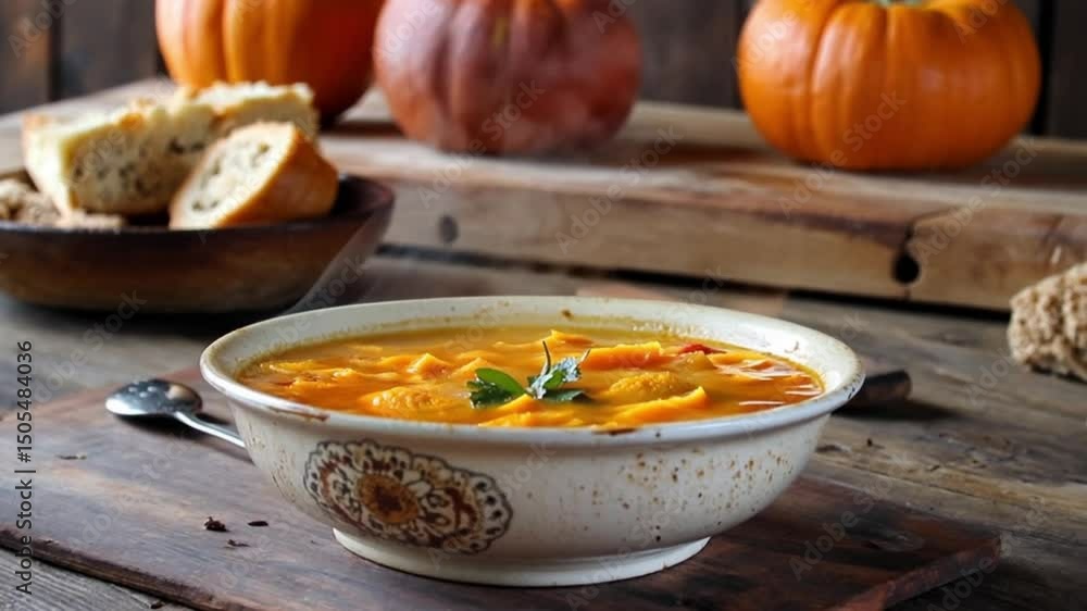 Bowl of pumpkin soup with steam for Autumn on a rustic table with pumpkins and herbs . Cozy hot bowl of soup in rustic bowls from the garden harvest in warm colors. Autumn food for dinner. Bowl of pumpkin soup with steam for Autumn on a rustic table with pumpkins and herbs . Cozy hot bowl of soup in rustic bowls from the garden harvest in warm colors. Autumn food for dinner.