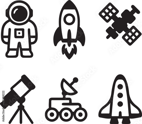 Set of space icons showing astronaut rocket satellite telescope rover and spacecraft for science and exploration design projects.