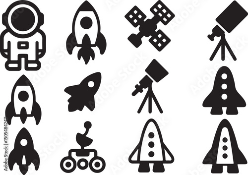 Set of space icons showing astronaut rocket satellite telescope rover and spacecraft for science and exploration design projects.