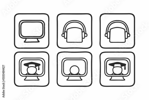 Online Education Icons Set Computer Screen Headphones Graduation Cap