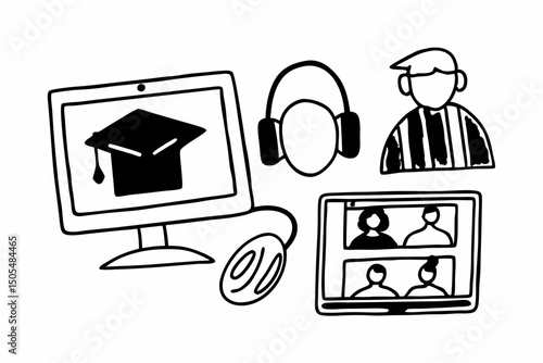 Online Education Graduation Concept Doodle Illustration