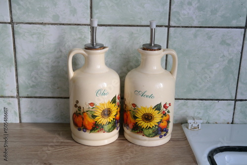 olive oil bottles on kitchen table