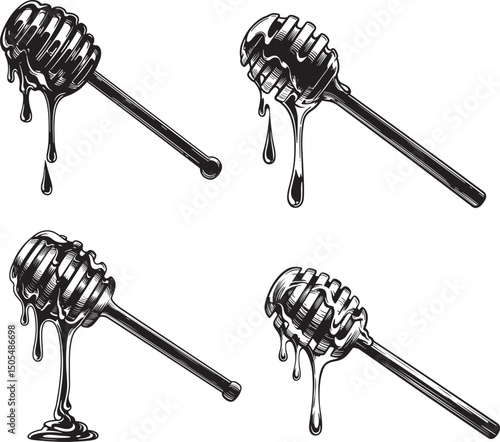 Dripping Honey from Honey Dipper Stick Silhouette Design Vector Art Illustration