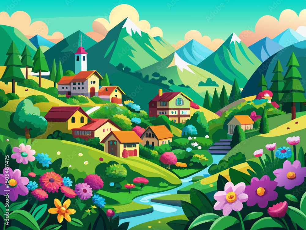 Fototapeta premium vector of Green mountain village. full of vibrant flowers and beautiful springs...