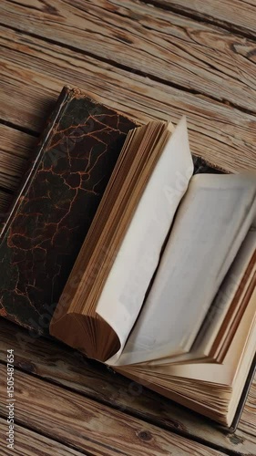 Old book flipping pages on rustic wooden surface, vintage literary atmosphere evoking nostalgic history, antique paper texture and aged storytelling aesthetic