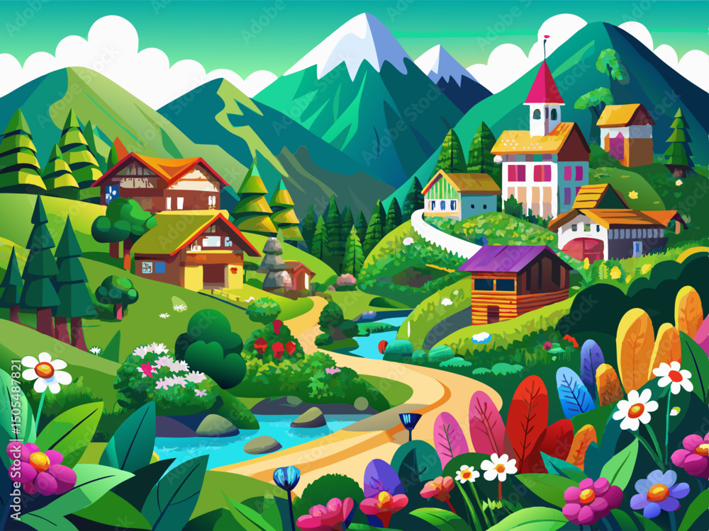 vector of Green mountain village. full of vibrant flowers and beautiful springs... vector of Green mountain village. full of vibrant flowers and beautiful springs...
