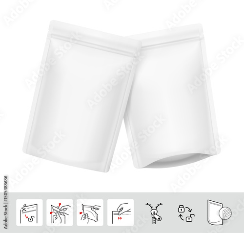 Realistic stand up pouch bag mockup with set icons. Front view. Vector illustration isolated on white background. Ready for your design. EPS10.