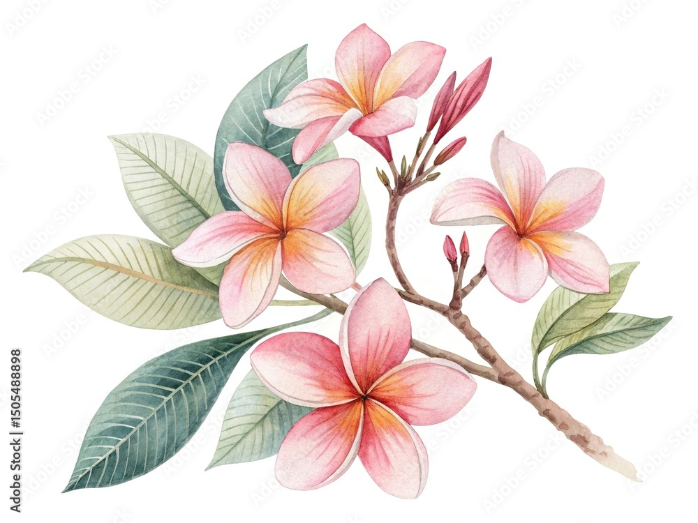 Fototapeta premium Watercolor illustration of a blooming plumeria branch with pink and yellow flowers
