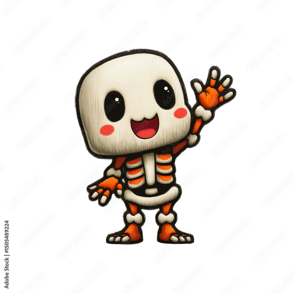 Fototapeta premium Cute little waving skeleton in orange and white, cartoon puffy drawing