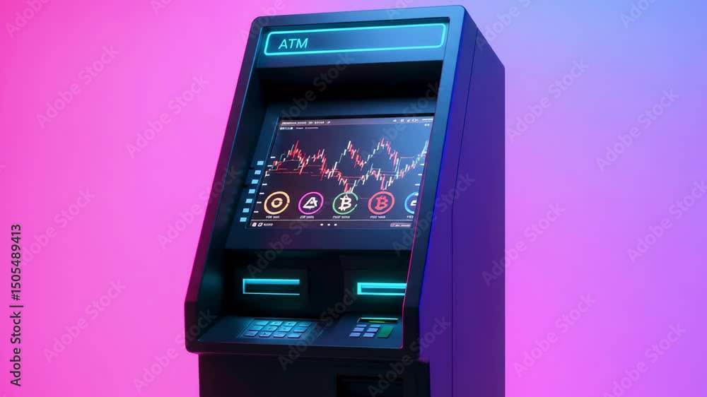 Futuristic ATM machine displaying cryptocurrency data against a vibrant pink and blue backdrop