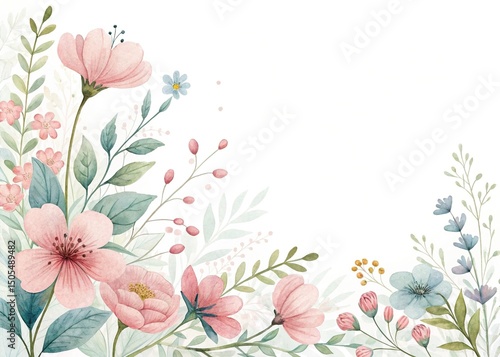 Watercolor Flower Arrangement in Soft Pink and Blue for Cards and Invitations