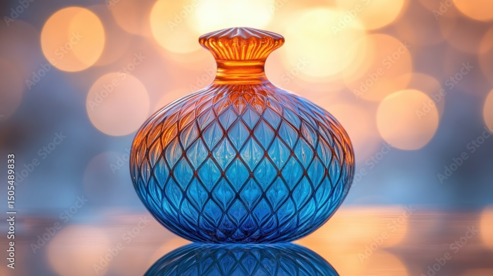 Ornate glass perfume bottle, vibrant blue and orange hues, delicate design, sits on reflective surface, bokeh background Ornate glass perfume bottle, vibrant blue and orange hues, delicate design, sits on reflective surface, bokeh background