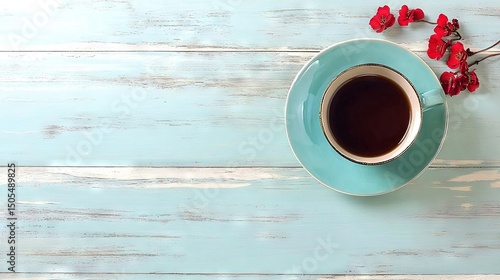   Blue saucer, red flowers, coffee cup, white wooden table