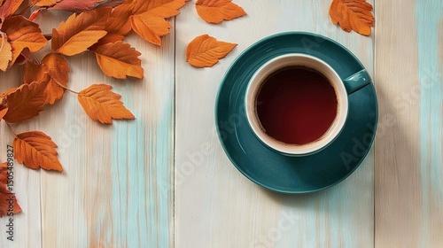   A tea cup on a blue saucer with leaves on a wooden table
