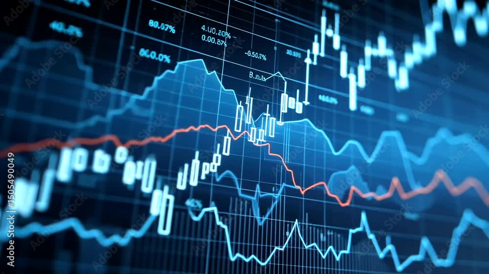 Abstract financial data graphic, featuring candlestick charts, line graphs, and numerical data displayed in shades of blue and orange Abstract financial data graphic, featuring candlestick charts, line graphs, and numerical data displayed in shades of blue and orange