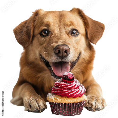 A golden dog with its tongue out looking at a cupcake with red frosting on a black background