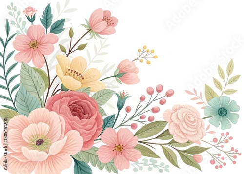 Floral corner arrangement with delicate flowers and watercolor effect, a peaceful scene