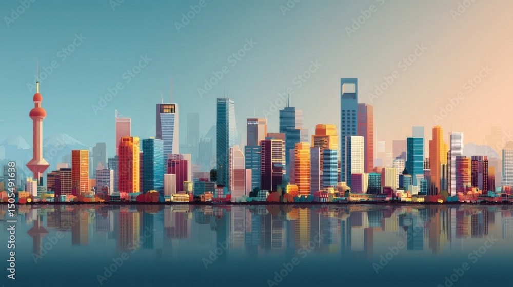 Fototapeta premium A modern city skyline in flat vector style, made with simple geometric shapes and bold, flat colors