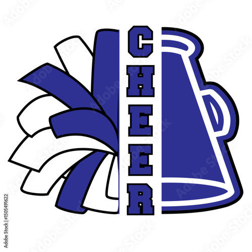 Blue and White Cheerleader Megaphone and Pom-Pom Vector Graphic
