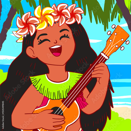Joyful Ukulele Girl in Tropical Paradise