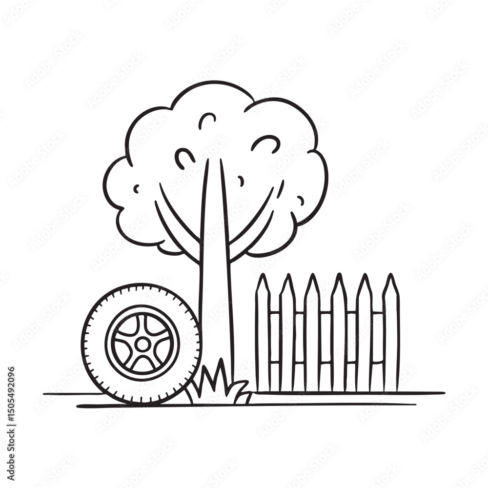Fototapeta premium A tire resting beside a fence under a tree