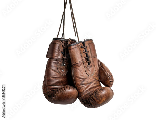 Vintage Leather Boxing Gloves Hanging from Laces Against a Transparent Background
