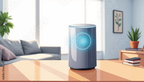 Smart home assistant glowing in modern living room, tech comfort