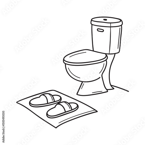 A toilet next to slippers above bathmat