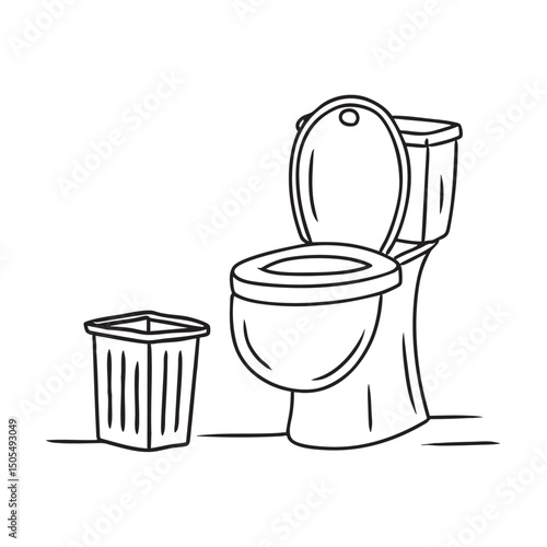 A toilet near an opened small trash bin