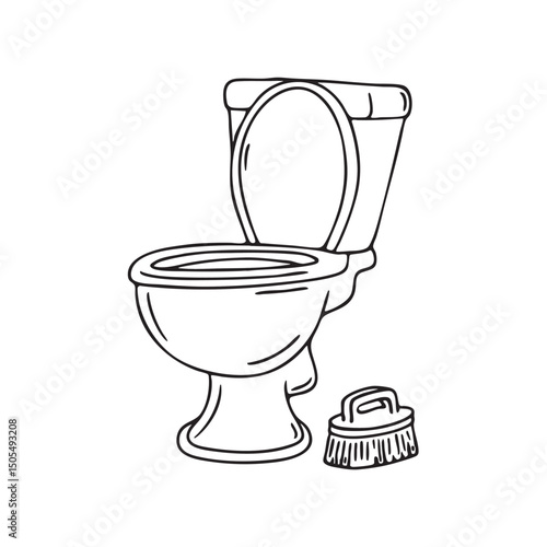 A cleaning brush beside a standing toilet