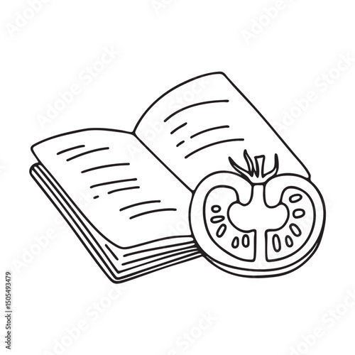 A tomato cut in half beside a opened recipe book