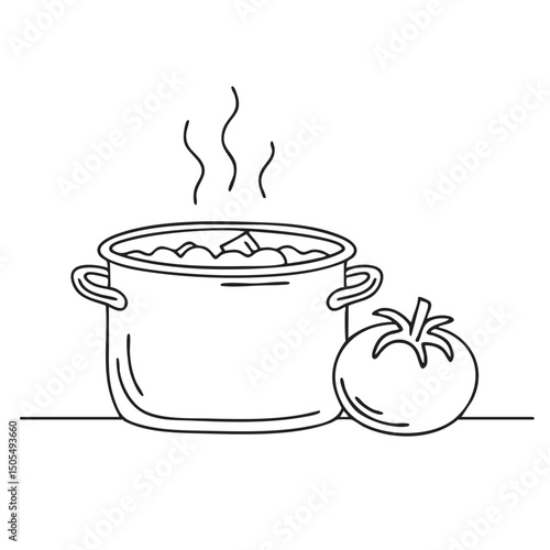 A tomato near a pot of stew on the stove