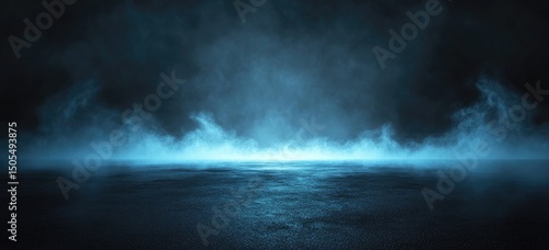 Dark, smoky scene with a bright blue horizon line across a textured ground