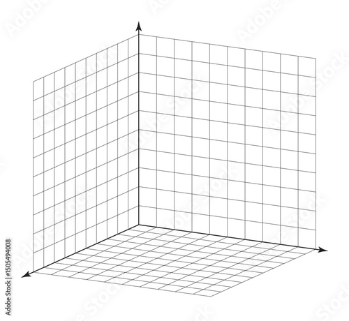 Cartesian x y z coordinate system in isometric projection 3d view on white. Orthogonal coordinate plane with three axes on square grid. Math bw template. Vector illustration