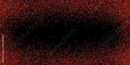 Red granular chili powder frame on black table top view. Noisy pepper texture. Paprika particles splashing on tabletop or countertop. Vector illustration