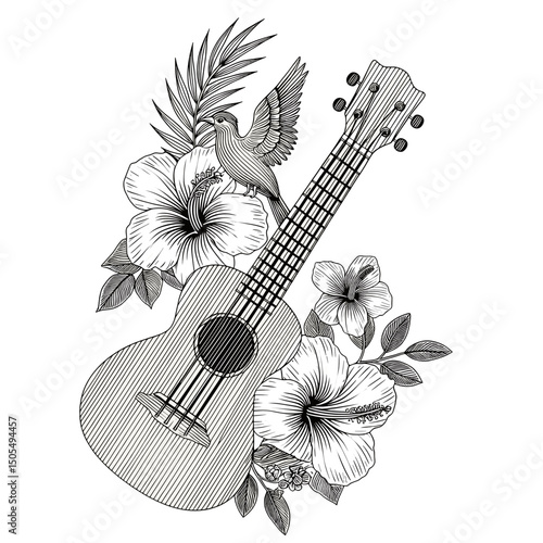 Ukulele with Hibiscus Flowers and Bird: Monochrome Tropical Illustration