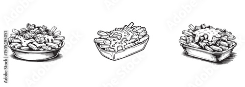 set of poutine icons, loaded fries with cheese and gravy vector, fast food concept
