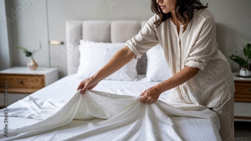 Woman Making Bed, White Sheets, Bedroom - Minimalist aesthetics