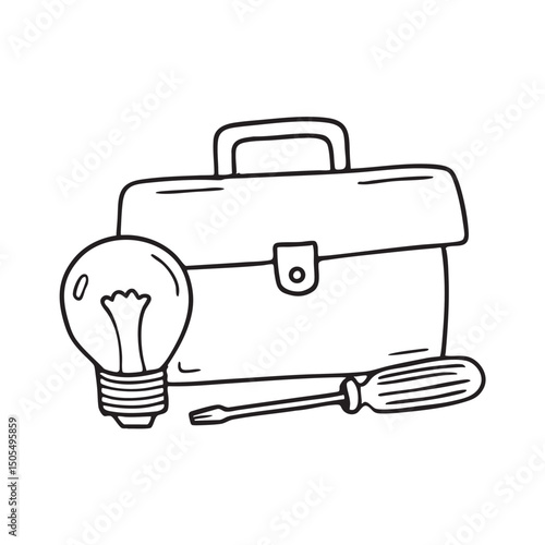 A toolbox placed beside a light bulb and screwdriver