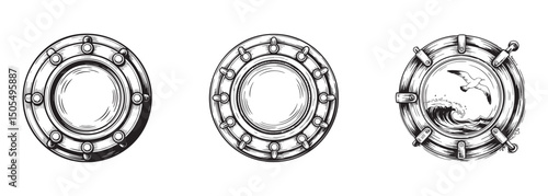 set of porthole icons, ship window vector, nautical and maritime 
