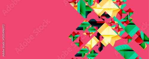 Abstract geometric shapes, vibrant colors dominate right side. Pink background provides contrast, modern design aesthetic.